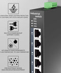 5 Port Industrial Ethernet Switch With DIN Rail Mount, 100Mbps Ports And 1Gbps Switching, rugged design, and power inputs.