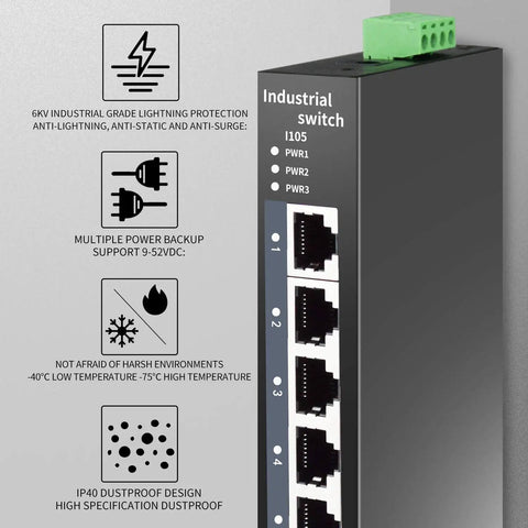 5 Port Industrial Ethernet Switch With DIN Rail Mount, 100Mbps Ports And 1Gbps Switching, rugged design, and power inputs.