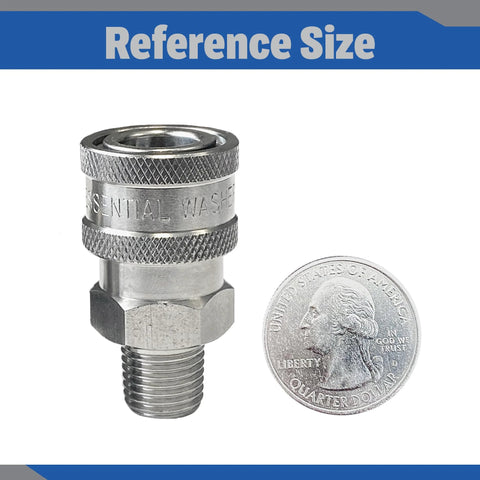 Essential Washer stainless steel 1/4 in NPT male quick-connect pressure-washer fitting with knurled collar.