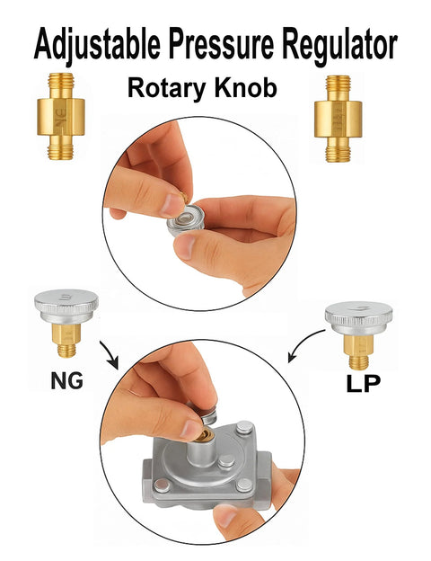 1/2-inch gas pressure regulator with NG/LP conversion adapters; two brass 1/2" NPT fittings shown.