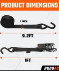 Product dimensions of Heavy Duty Ratchet Tie Down Straps 1 Inch By 10 Feet 900 Lbs Break Strength with hooks and ratchet.