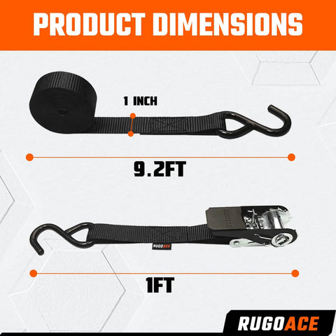 Product dimensions of Heavy Duty Ratchet Tie Down Straps 1 Inch By 10 Feet 900 Lbs Break Strength with hooks and ratchet.