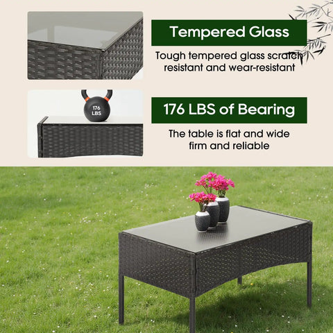 Glass-top table from 4-Piece Outdoor Patio Set In Black Wicker With Coffee Table, Weather-Resistant Rattan Conversation Set for Porch