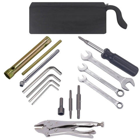 Compact Motorcycle Tool Kit For Roadside Service And ATV UTV Repairs with wrenches, spark plug wrench, hex keys, tire gauge, pliers, screwdriver