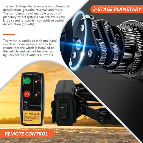 3-stage planetary gear and remote control detail of Beefed Up Electric Winch 3500 Lb 12V DC For ATV UTV With Wireless Remote