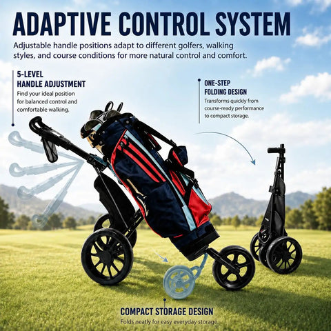 Lightweight Three Wheel Golf Push Cart With Quick Fold Frame displaying adaptive handle system and compact storage design.