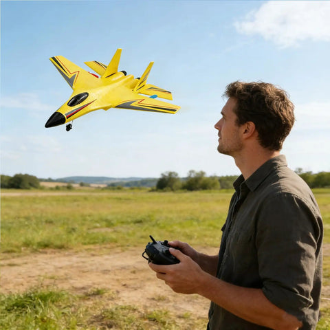 Man flying yellow foam remote control airplane, outdoors. Easy To Fly Foam Remote Control Airplane For Beginners And Adults, 360 Degree Flip Glider Aircraft