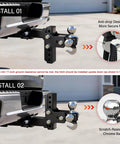 Adjustable Trailer Hitch With 360 Degree Swivel Tri Ball Mount And Tow Hook Lock, Rotating 3 In 1 Ball System For 1 7/8, 2, And 2 5/16 Inch Balls, Rated Up To 15,000 Lbs GTW And 10,000 Lbs Tow Hook, installed on truck receiver