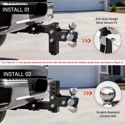 Adjustable Trailer Hitch With 360 Degree Swivel Tri Ball Mount And Tow Hook Lock, Rotating 3 In 1 Ball System For 1 7/8, 2, And 2 5/16 Inch Balls, Rated Up To 15,000 Lbs GTW And 10,000 Lbs Tow Hook, installed on truck receiver