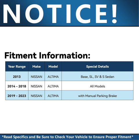 Notice displaying fitment information for Nissan Altima 2013-2023 with manual parking brake, relevant for brake kit fitment.