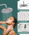Woman enjoying shower under Dual Function Exposed Pipe Shower System With 8 Inch Round Rainfall Head, Brass Fixture, Polished Chrome Finish