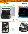 Comparison of sturdy Double Layer Golf Trunk Organizer with shoe compartment vs flimsy alternative. Easy installation shown.