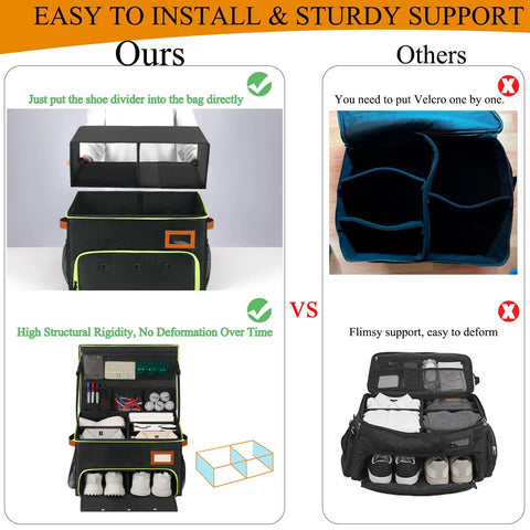 Comparison of sturdy Double Layer Golf Trunk Organizer with shoe compartment vs flimsy alternative. Easy installation shown.