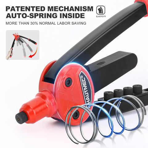 Heavy Duty Pop Rivet Gun 13 Inch Pro Hand Riveter With Automatic Rebound Spring For Easy Pulling And 5 Interchangeable Nosepieces, showing mechanism.