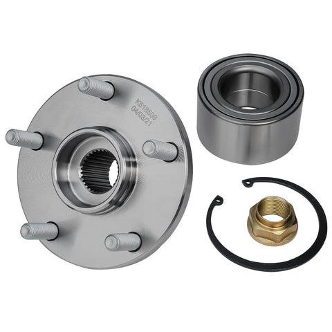 Beefed Up Front Wheel Bearing Hub Replacement Kit For 1992 Through 2003 Toyota Camry Sienna Solara Lexus ES300 RX300 And 1999 Through 2004 Avalon FWD Five Lug Hubs featuring hub, bearing, nut, and ring components.
