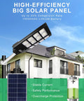 800W Solar Street Light Outdoor Waterproof Flood Light With Remote Control And Motion Sensor Dusk To Dawn For Parking Lots Gardens Yards And Pathways Ready To Light Up Anywhere shown on building with solar panel and battery efficiency features