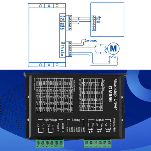 Wiring diagram and specifications of DM556 Digital CNC Stepper Motor Driver for NEMA 17 23 34 motors.