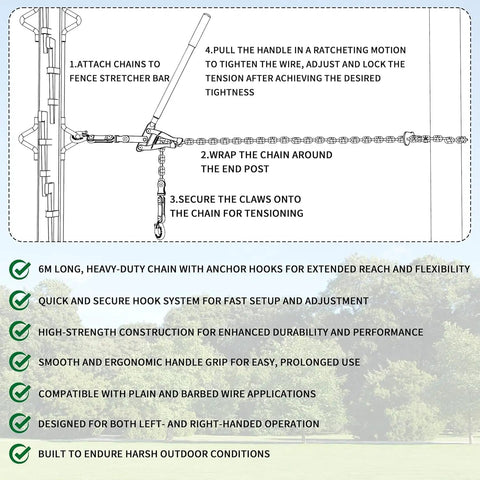 Diagram showing the Fence Stretcher Bar Puller Kit 19.7ft Chain, 2200 Lbs Tensioner setup for fence installation.