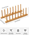 2 Pack Premium Bamboo Dish Rack And Plate Holder With 7 Slots To Level Up Your Kitchen Game showing dimensions and design features.