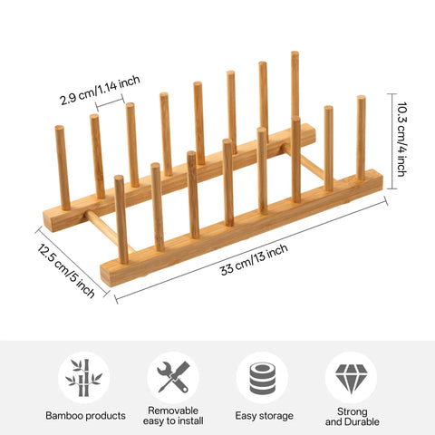 2 Pack Premium Bamboo Dish Rack And Plate Holder With 7 Slots To Level Up Your Kitchen Game showing dimensions and design features.
