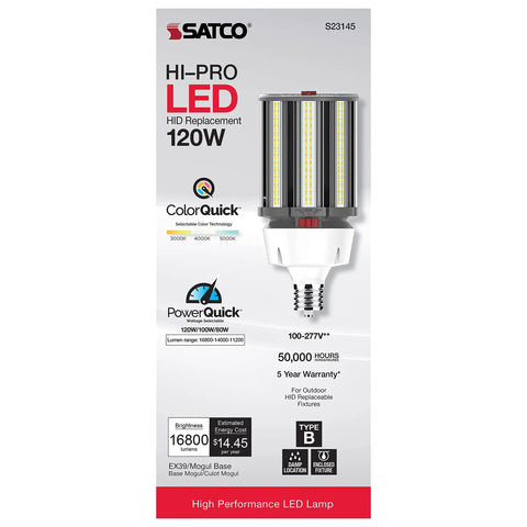 LED Corn Cob Lamp With 360 Degree Light, Adjustable Wattage 120W/100W/80W And Color Temperature 3000K/4000K/5000K, HID Replacement