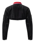 Back view of Kick Butt Split Cowhide Leather Welding Cape Sleeve Short Jacket providing full neck and arm shield.