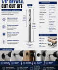 1/8 Inch Drywall Cut Out Bit, 2.43" overall length, HSS material, designed for precise cuts in drywall, wood, and more.