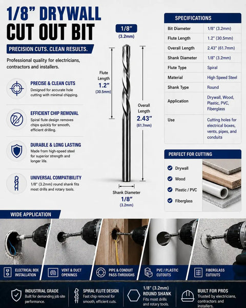 1/8 Inch Drywall Cut Out Bit, 2.43" overall length, HSS material, designed for precise cuts in drywall, wood, and more.