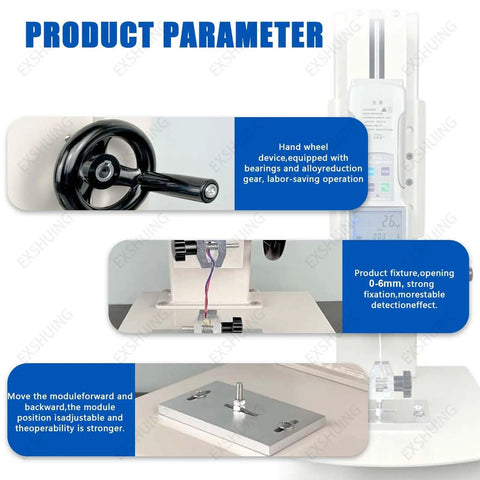 Horizontal Digital Push Pull Meter For Tensile And Compression Testing With Wheel Driven Manual Push Pull Test Stand Pro Grade Test Bench And Digital Force Gauge 10 To 2000 N Includes Ruler And 100 N Capacity hand wheel and fixture close up