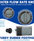 Submersible Pond Fountain Pump With Four Fountain Heads For Small Ponds No Fuss Setup Outdoor Water Feature Kit 185 GPH Quiet Operation, showing water flow rate knob and rubber footpad details.