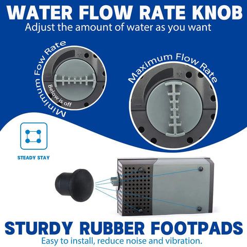 Submersible Pond Fountain Pump With Four Fountain Heads For Small Ponds No Fuss Setup Outdoor Water Feature Kit 185 GPH Quiet Operation, showing water flow rate knob and rubber footpad details.