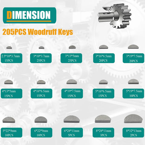 Front view of Dimension 385-piece metric woodruff steel key assortment kit with 205 woodruff and 180 feather keys
