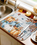Fall Thanksgiving Dish Drying Mat Set 2 Pack Must Have With Pumpkin And Autumn Leaves Wood Grain Design Absorbent Microfiber
