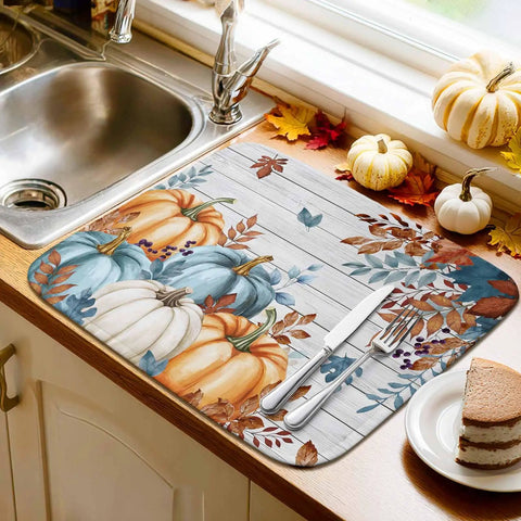 Fall Thanksgiving Dish Drying Mat Set 2 Pack Must Have With Pumpkin And Autumn Leaves Wood Grain Design Absorbent Microfiber