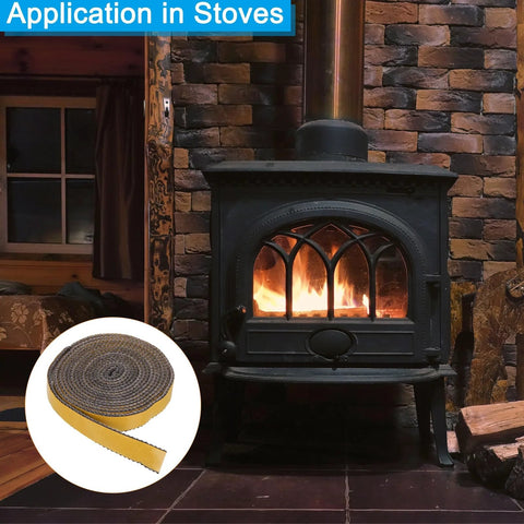 Wood stove front view; black stove with fire, inset shows yellow gasket rope for stove door.