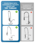 Compatibility chart for 38 Inch Stainless Steel Pre Rinse Hose Replacement Kit For Commercial Kitchens And Restaurants Flexible Sink Sprayer with 7/8 inch thread