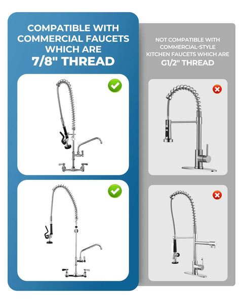 Compatibility chart for 38 Inch Stainless Steel Pre Rinse Hose Replacement Kit For Commercial Kitchens And Restaurants Flexible Sink Sprayer with 7/8 inch thread