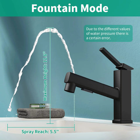 Single Hole Bathroom Faucet With Pull Out Sprayer, Modern One Handle Sink Faucet With 3 Spray Modes, Fountain Mode Chrome Finish