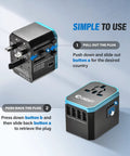 All In One Global Travel Adapter For Europe UK Australia And US With 1 AC Outlet 1 USB-C Port And 4 USB-A Ports, instruction guide