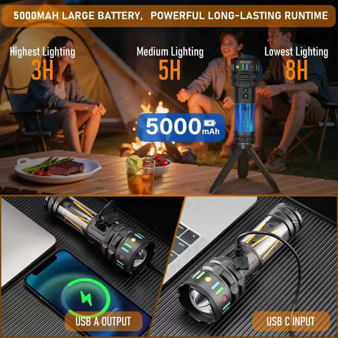 People camping with Uber Bright Rechargeable LED Flashlight Lantern For Camping And Outdoors, 10000 Lumens by a campfire.