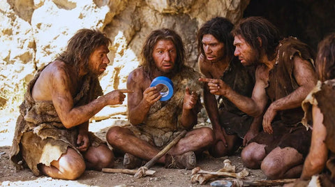Group of people in primitive attire inspecting Electric Blue Gaffer Tape 2 Inch By 30 Yards No Residue Made In USA Pro Grade Matte Cloth Tape