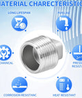 Material characteristics of 1-1/2 Inch NPT Male Outer Square Head Socket Pipe Plug Fittings, 304 Stainless Steel.
