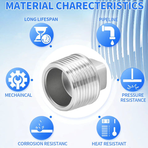 Material characteristics of 1-1/2 Inch NPT Male Outer Square Head Socket Pipe Plug Fittings, 304 Stainless Steel.