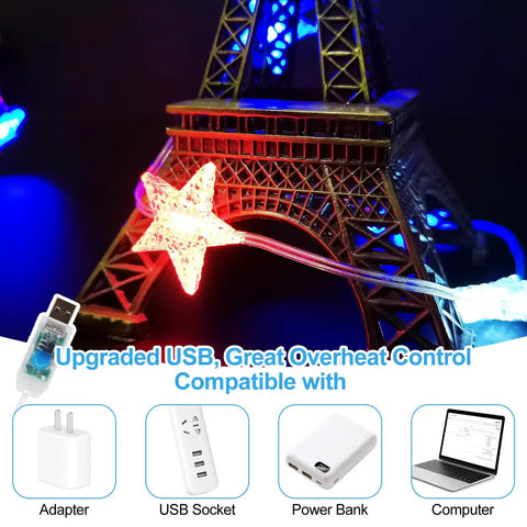 Hanging Star Curtain Lights For Window With 70 Star String Lights USB Plug In 8 Modes Twinkle Fairy Lights Lit Red White Blue Holiday Decor For Independence Day Memorial Day Fourth Of July 10ft By 2.6ft near Eiffel Tower model
