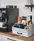 Rustic White Coffee Bar Organizer With Drawer All In One Setup Three Compartments And Deep Storage For Pods Tea Sugar Sticks Straws And Cups Farmhouse Kitchen Counter Organizer And Decor next to coffee machine
