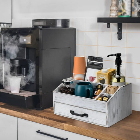 Rustic White Coffee Bar Organizer With Drawer All In One Setup Three Compartments And Deep Storage For Pods Tea Sugar Sticks Straws And Cups Farmhouse Kitchen Counter Organizer And Decor next to coffee machine