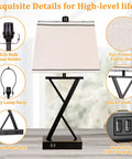 Set Of 2 Modern Table Lamps With USB Ports And AC Outlet, 3 Way Dimmable Touch Control Bedside Lamps, fabric shade, black finish