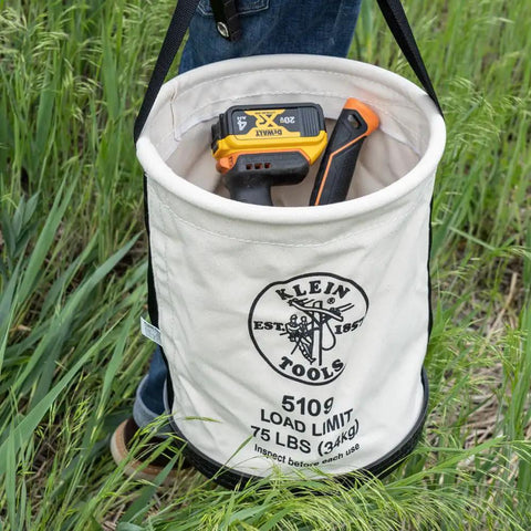 Heavy Duty Canvas Tool Bucket With Wide Opening And Straight Walls No 6 Canvas Black Molded Bottom 75 Pound Load Capacity