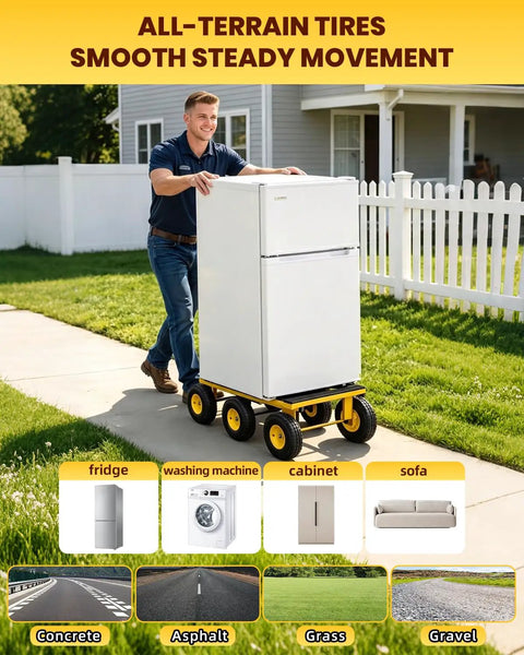 Beast Mode Six Wheel All Terrain Furniture Dolly Moves Heavy Loads up to 1500 Lbs Heavy Duty Moving Cart 35x18 Inches with Rust Proof Welded Frame and Non Marking Pads for Smooth Transport Anywhere Without Breaking a Sweat During Moves, fridge on six-wheel dolly over concrete