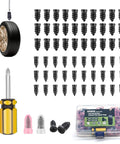 Self Service Tire Plug Kit With Screw Type Plugs And Compact Screwdriver, Two Sizes Rubber Nails, 60 Pieces, No Jack Needed Quick Patch For Cars Motorcycles Trucks And Bikes, Flat Tire Fix On The Go with tire, screws, screwdriver, and case